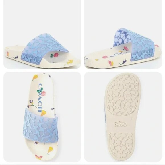 Coach Udele Sport Slides Signature Blue CC's White Floral Bottom Women's 9 NIB - Picture 2 of 5
